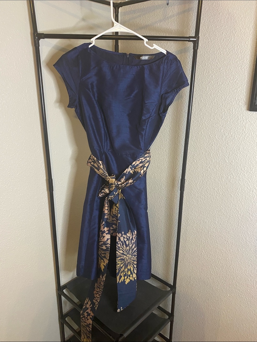 eshakti Navy Midi Dress with Floral Tie